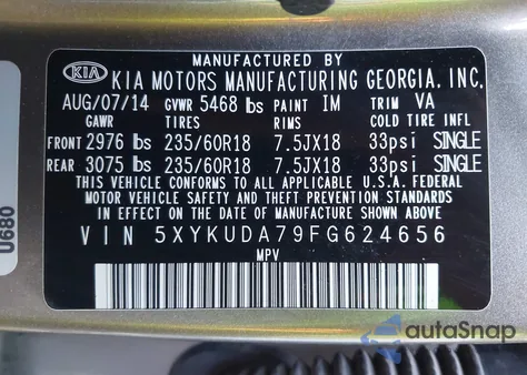 2015 Kia Sorento Ex V6 z USA, uszkodzony, nr VIN 5XYKUDA79FG624656